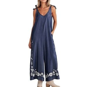 Talisman Blue Gray Strappy V-neck Embroidered Floral Wide Leg Jumpersuit